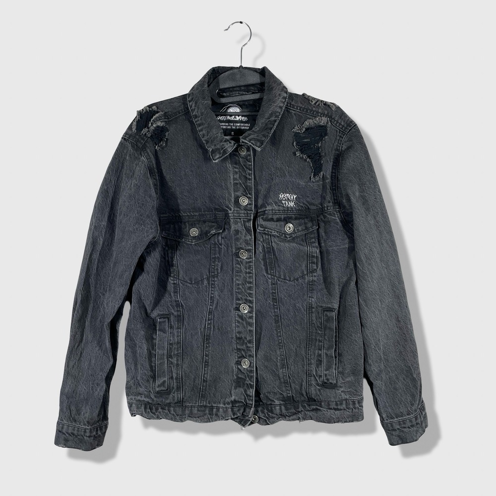 Sketchy Tank Denim Jacket Womens S Black Distressed Skull Rose Streetwear